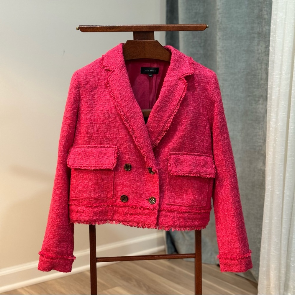 Talbots Tweed Double Breasted Blazer in the "Tropical Punch" color.
